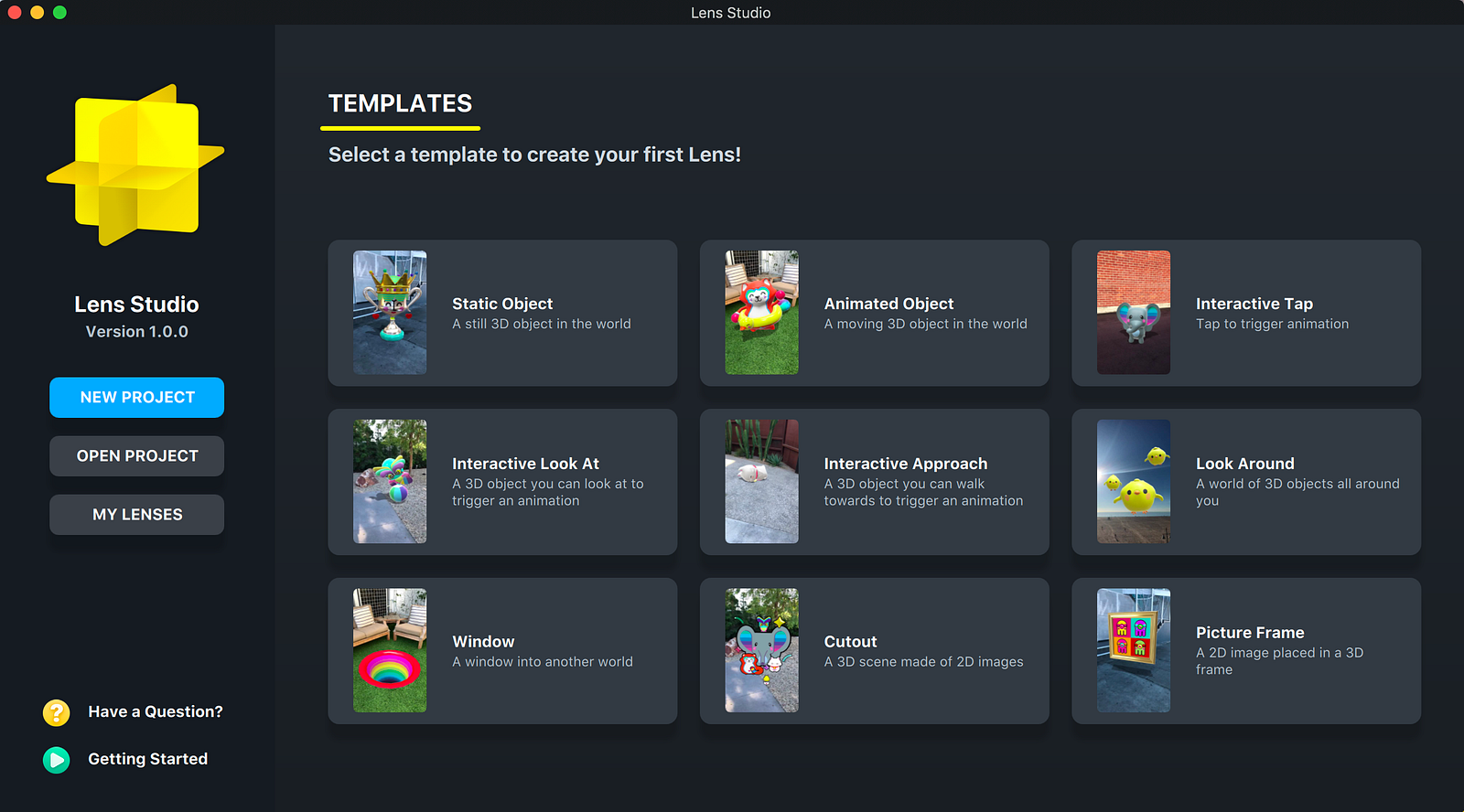 Template Screen of Lens Studio